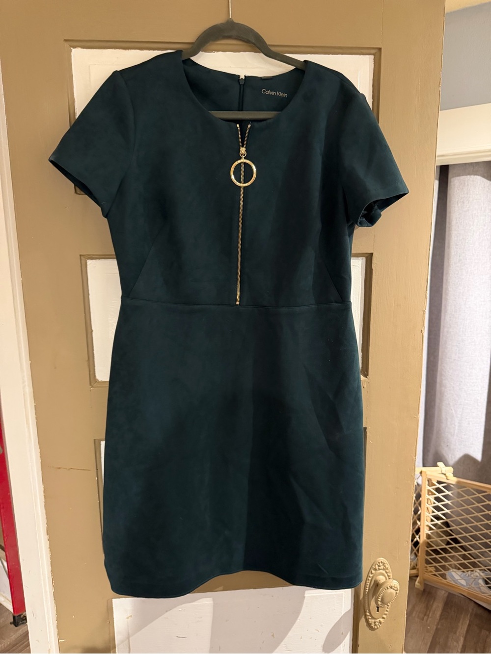 Calvin Klein Short Sleeve Teal Sheath Dress with Gold Ring Zip